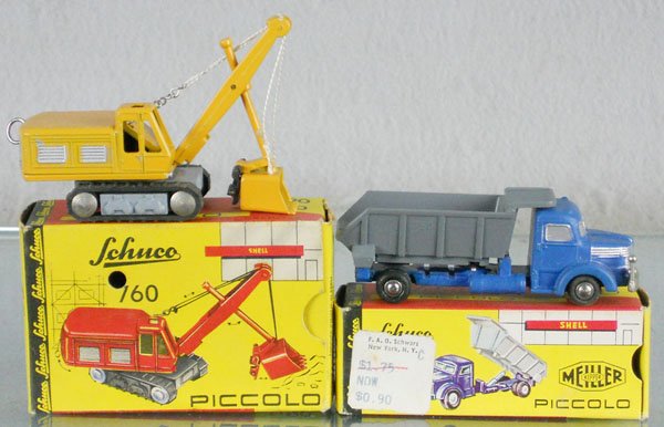 SCHUCO 760 & 750 PICCOLOS: die cast, Steam Shovel & Dump Truck, orig issues, orig boxes minor wear, C8-9.