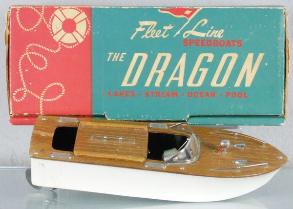 FLEET LINE 201 DRAGON SPEED BOAT: wood & plastic, battery operated, not tested, 12" long, orig box & insert, C8.