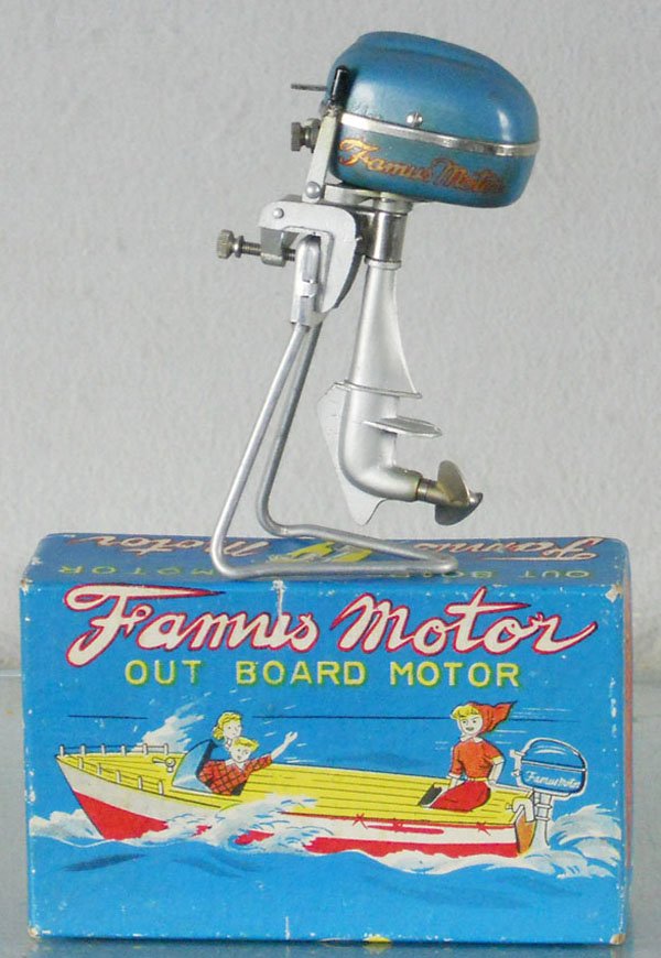 FAMUS MOTOR OUTBOARD MOTOR: Japan, die cast, battery operated, not tested, 4" tall, w/stand, orig box minor wear, C9.