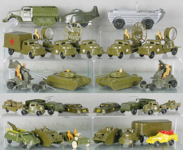 20 PLASTIC ARMY VEHICLES: include Pyro, Bonnie BLT, Ideal, Thomas Toy & more, 3 have small breaks, w/2 tin armored cars & 2 Tootsietoy Jeeps, C6-9.