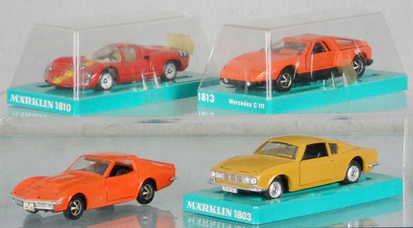4 MARKLIN AUTOS: 1810 Porsche, 1813 Mercedes, 1818 Corvette, 1803 Ford, hub caps melting, w/2 complete orig boxes worn & cracked & 1 orig box bottom only, C8-9.