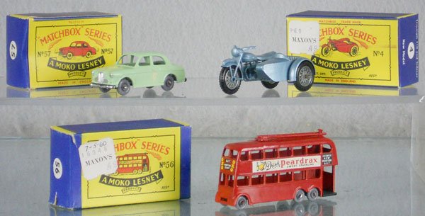 3 MATCHBOX MOKOS: 57A3, oxidation spot on door, 4C1, 56A3, light oxidation spots on axles, orig boxes, 2 have minor wear, C8-9.