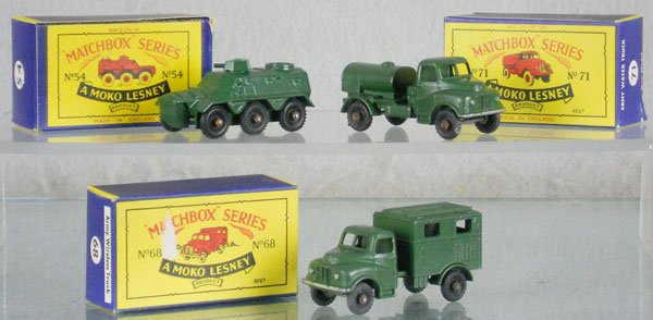 3 MATCHBOX MOKOS: 54A1, 71A1, 68A1, light oxidation spots on axles, orig boxes, 2 have minor wear, C9.