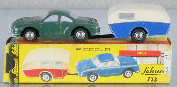 SCHUCO 723 KARMANN GHIA W/CARAVAN PICCOLO: die cast, orig issue, car is fatiguing, orig box minor wear, C7-8.