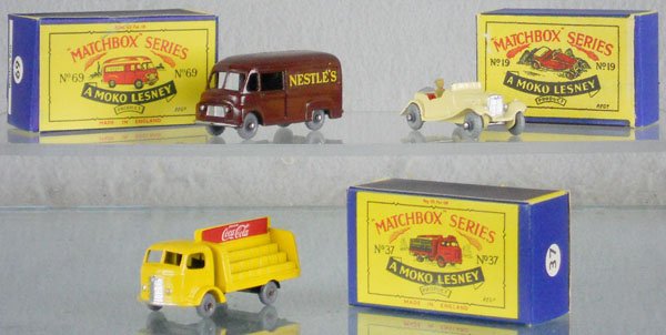 3 MATCHBOX MOKOS: 69A1, 19A1, 37B1, axles have light oxidation spots, orig boxes, 1 has minor wear, C8-9.