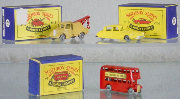 3 MATCHBOX MOKOS: 13B2, 66A1, box rub on roof, 5A1, light oxidation spots on axles, orig boxes, C8-9.