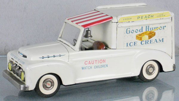 KTS FORD GOOD HUMOR TRUCK: litho tin, friction working, rear door professionally replaced, striped canopy repainted, overall touched up, C5-6.