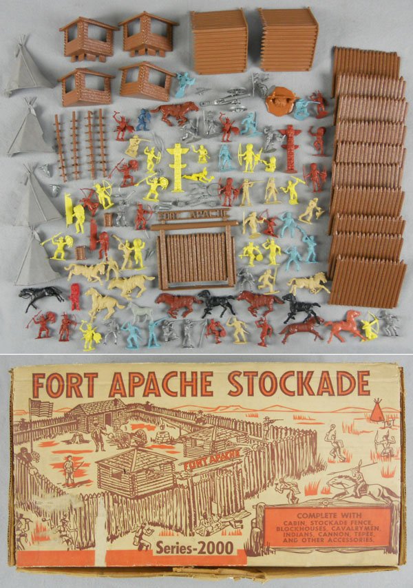 MARX 3660MO FT APACHE STOCKADE: plastic, lot comes w/all parts & pieces shown, orig box worn, C7-9.