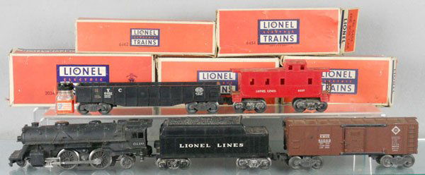 LIONEL TRAIN SET: O ga, 6110 loco, 6001T tender, 6454 box car, 6462 gondola, 6007 caboose, w/smoke pellets, orig boxes incom, C5.