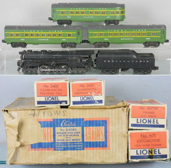 LIONEL 2140WS TRAIN SET: O ga, 671 turbine loco, 2671W tender, 2 steps broken, 2400 Pullman, 2402 Pullman, 2401 obsv, 4 orig boxes only, boxes rough, orig set box worn & has old tape, C5-7.