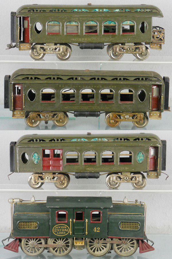 LIONEL TRAIN SET: std ga, 42 loco, thick rim, twin motor, Corporation on reverse, restored, 19 combine, 18 Pullman, missing couplers, 190 obsv, missing window trim, C5-6.