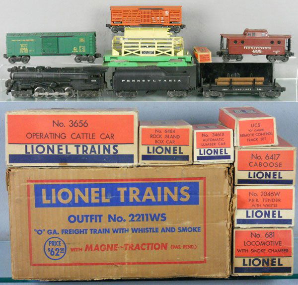 LIONEL 2211WS TRAIN SET: O ga, 681 turbine loco, 2046W-50 tender, 6464-75 RI box car, 3656 cattle car w/pen, 3461 lumber car, 6417 New York zone caboose, orig boxes & set box worn & incom, C6-7.