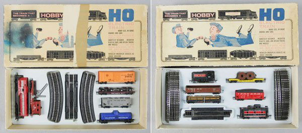 2 MARX ALLSTATE TRAIN SETS: HO ga, 2-rail, Monon loco w/5 freight cars, RI loco w/5 freight cars, both w/track, orig set boxes & inserts worn, C6-7.
