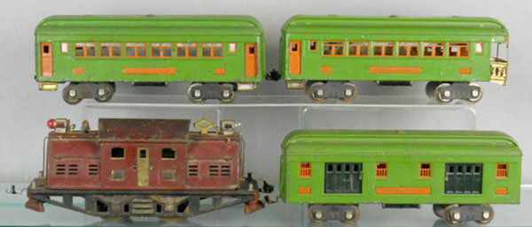 LIONEL TRAIN SET: std ga, 380 loco, rewheeled, missing some trim, some surface oxidation, 310 baggage, 309 Pullman, 312 obsv, missing some trim pieces, C3-5.