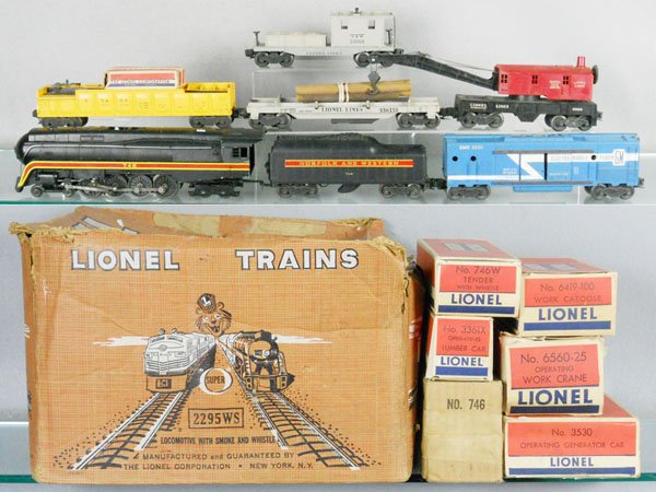 LIONEL 2295WS TRAIN SET: O ga, 746 loco, 746W tender, 3530 generator car, doorguides have oxidation, 3562-50, missing man, 3361 log dump, 6560 crane, 6419 caboose, 4 melt marks, orig boxes rough, orig set box worn, C5-6.