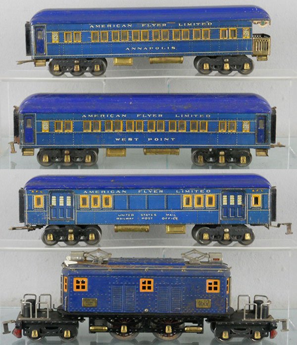 AMERICAN FLYER PRESIDENT SPECIAL TRAIN SET: std ga, 4687 loco, rewheeled, roof paint worn, some surface oxidation spots, w/baggage, West Point Pullman & Annapolis obsv, C5-6.