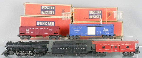 LIONEL TRAIN SET: O ga, 1666 loco, 6026W tender, 3424 brakeman car w/poles, 6456 hopper, 6517 caboose, 4 orig boxes only, rough, C5-6.