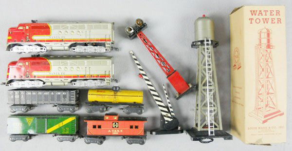 MARX TRAIN SET: O ga, Santa Fe AA diesels, missing 1horn, w/4 freight cars & 3 accessories, 1 orig box & set box bottom only, worn, C5-6.