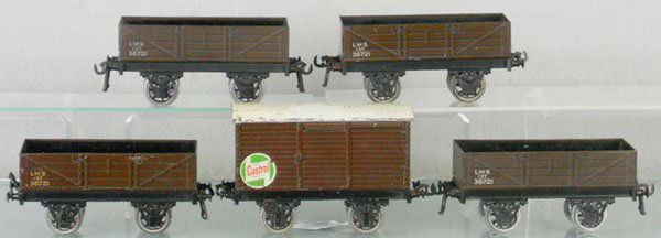 5 BASSETT-LOWKE FREIGHT CARS: O ga, LMS w/Castrol decal & 4 coal wagons, C5.