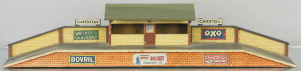 BASSETT-LOWKE STATION PLATFORM: O ga, litho & painted wood w/metal signs, 24" long, C6.