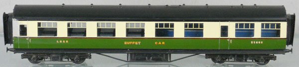 BASSETT-LOWKE EXLEY LNER BUFFET CAR: O ga, paint worn on 1 side end, 57' car, C6.