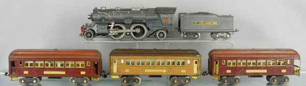 LIONEL TRAIN SET: td ga, 385E loco, 385W tender, restored w/replaced frame, steamchest & tender top, 2 #309 Pullmans, 312 obsv, C4-7.