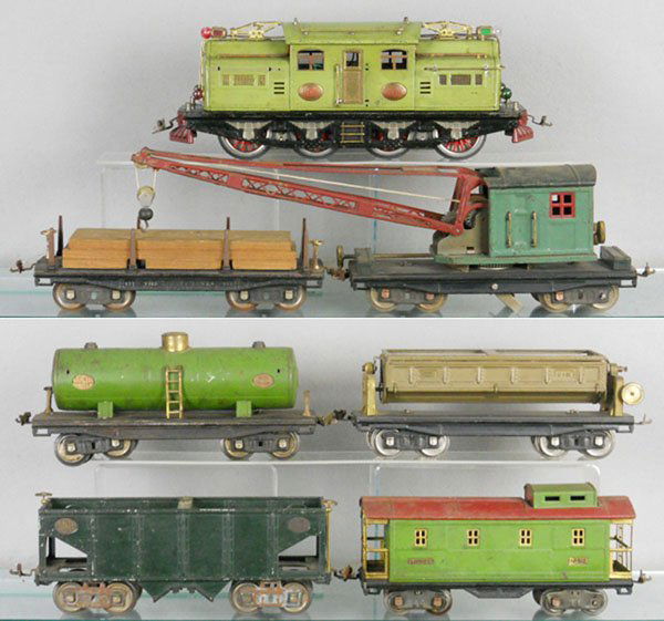 LIONEL TRAIN SET: std ga, 408E loco, rewheeled, missing 3 handrail, 212 lumber, 219 crane, 215 tank, missing handrails, 218 dump, missing crown gear, 216 hopper, 517 caboose, overall truck wheels & couplers have surfac