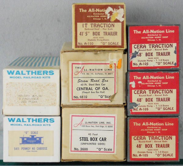 8 SCALE O CAR KITS: O ga, 6 All Nation, 2 Walthers, wood & metal, kits appear complete, orig boxes minor wear, C8.