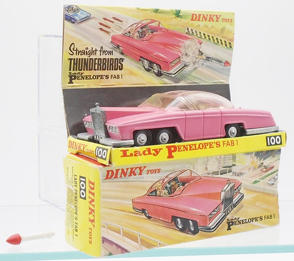 DINKY 100 LADY PENELOPE'S FAB 1: Pink, 1 missile included, firing mechanism not working, missing rear missiles, orig display box & insert worn, C8.