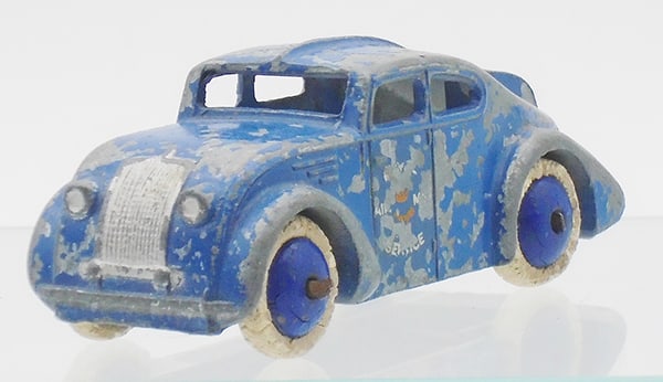 DINKY 24A ROYAL AIR MAIL CAR: Blue, paint chipped, white rubber tires worn on blue metal hubs, ca 1930s, C3.