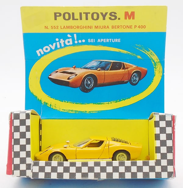 POLITOYS 552 LAMBORGHINI MIURA: Yellow, this car has 5 opening parts, orig display box minor wear, C8-9.