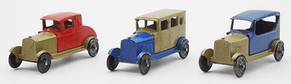 3 TOOTSIETOY CHEVROLETS: 6202 Coupe, red & tan, 6203 Brougham, tan & blue, 6205 Touring, blue & tan, C7-8.