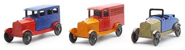 3 TOOTSIETOY CHEVROLETS: 6204 Sedan, blue & red, touch up spots, 6206 Delivery, red d& orange, 6201 Roadster, blue & tan, paint chips, C5-7.
