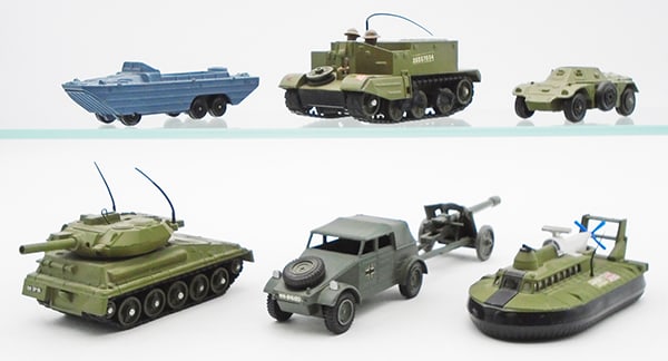 7 DINKY MILITARY VEHICLES: 681 DUKW Amphibian, 622 Bren Gun Carrier, 690 Scorpion Tank, 680 Ferret Scout car, 290 Hovercraft, 617 Volkswagen KDF w/gun, C7-8.