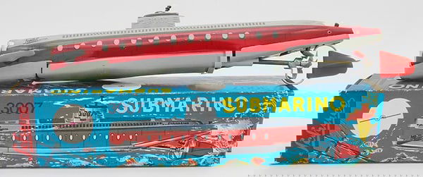 SCHUCO 3007 SUBMARINE: Litho tin & plastic, red & gray, windup working, 13 in long, w/instructions & key, actually works in water, orig box & insert minor wear, C8.