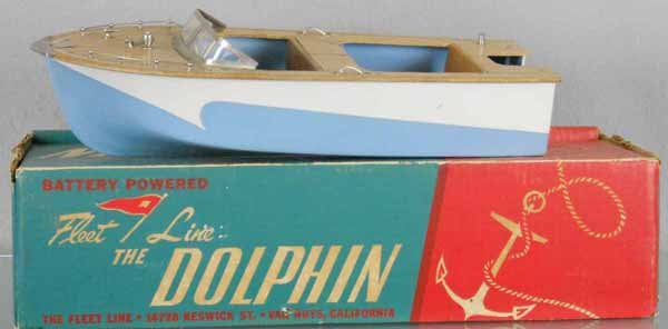 FLEET LINE DOLPHIN BOAT: plastic & wood, battery operated, not tested, 16" long, orig box & insert minor wear, C8.