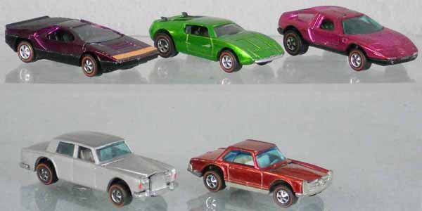 5 HOT WHEELS REDLINE VEHICLES: Carabo, AMX, Mercedes C111, Rolls Royce, Mercedes Benz, all orig issues, C7-8.