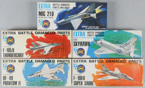 5 IMC AIRPLANE KITS: plastic, MIG, Thunderchief, Sky Hawk, Phantom, Super Sabre, most parts still attached to trees, orig boxes minor wear, C8-10.