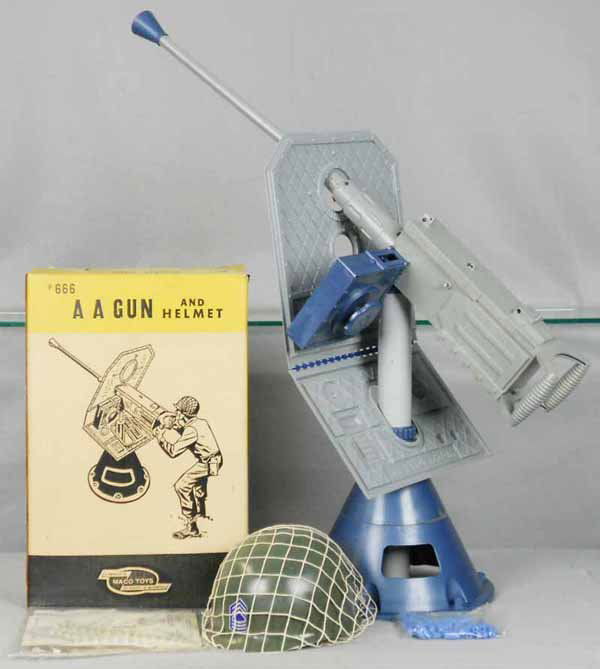 MACO 666 AA GUN & HELMET: plastic, AA gun, 24" tall, w/helmet, w/ammunition belts that have disintegrated, orig box, C8-9.