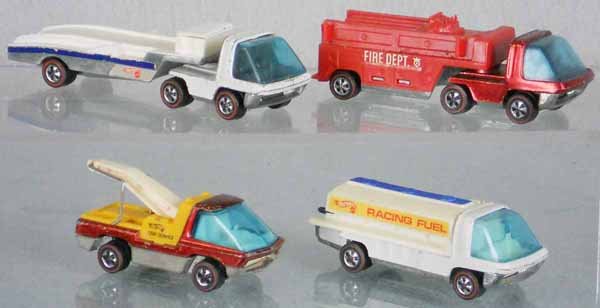4 HOT WHEELS REDLINE VEHICLES: Racer Rig, Fire Engine, Tow Truck, Fuel Truck, missing 1/2 of a tire, all orig issues, C5-6.