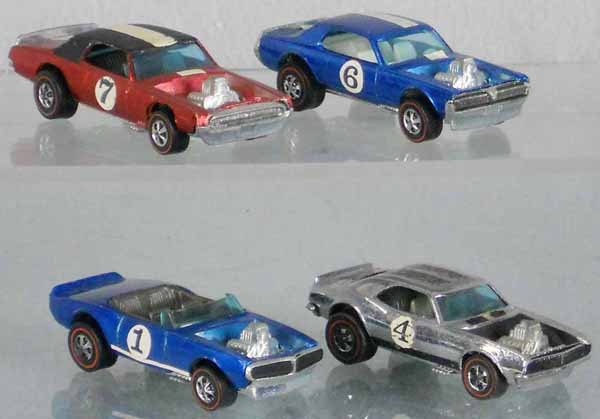4 HOT WHEELS REDLINE VEHICLES: TNT Tbird, Nitty Gritty Kitty, Light My Firebird, Heavy Chevy, all orig issues, C5-7.
