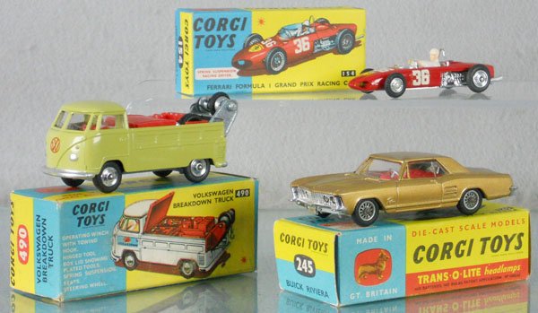 3 CORGI VEHICLES: 154 Ferrari F1, 490 Volkswagen Breakdown Truck, 245 Buick Riviera, orig boxes, C8-9.