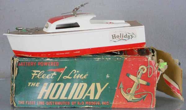 FLEET LINE HOLIDAY BOAT: wood, 11" long, battery operated, not tested, some paint loss on hull, orig box worn, C5-6.