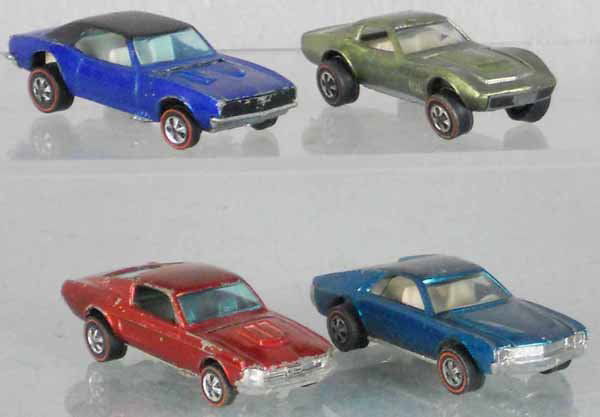 4 HOT WHEELS REDLINE VEHICLES: Custom Camaro, Corvette, Mustang, AMX, all orig issues, C5-7.