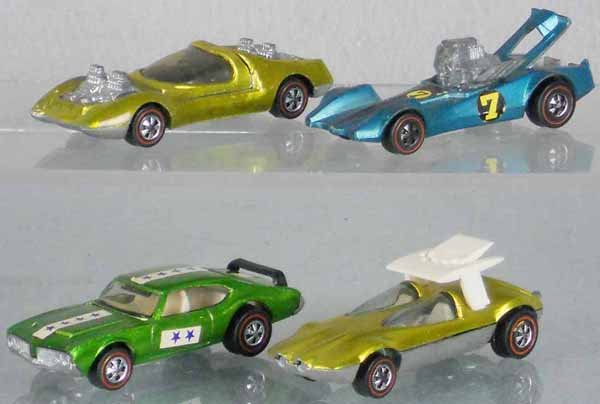 4 HOT WHEELS REDLINE VEHICLES: Mob Quad, Strip Teaser, Olds 442, Swinging Wing, all orig issues, C5-7.