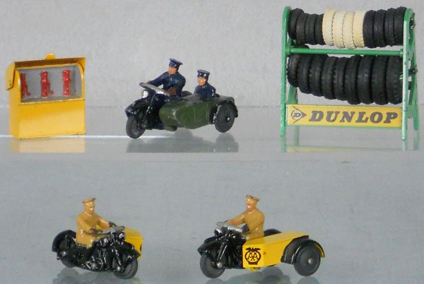 DINKY LOT: Oil Dispenser, 42b Motorcycle, 786 tire rack, 2 #44b Motorcycles, C7-8.