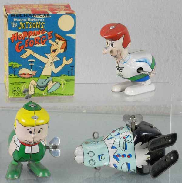 3 MARX JETSON HOPPERS: litho tin, windups working, George, orig box minor wear, Elroy & Rosie the Robot Maid, C5-7.