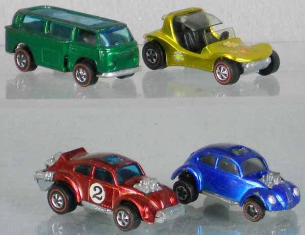 4 HOT WHEELS REDLINE VEHICLES: Beach Bomb, missing surfboards, Sand Crab, Evil Weevil, Custom VW, all orig issues, C5-7.