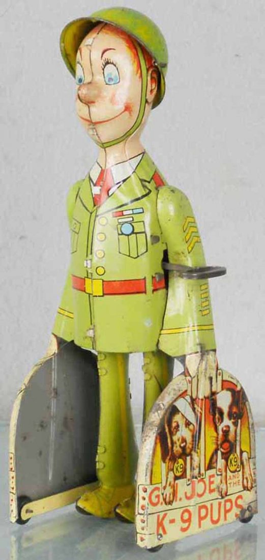 UNIQUE ART GI JOE & HIS K-9 PUPS: litho tin, windup working, 8 1/2" tall, C5-6.