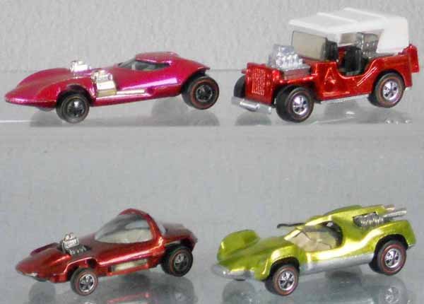 4 HOT WHEELS REDLINE VEHICLES: Twin Mill, Grass Hopper, Silhouette, Mantis, all orig issues, C7.